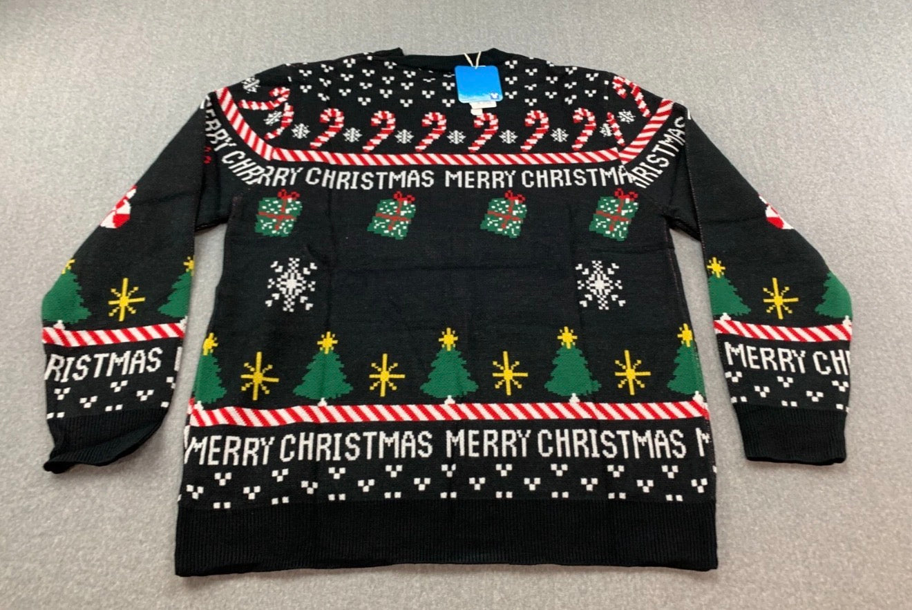 Disney Mickey Mouse Christmas Sweater Mens M Black Soft Stretch Tree Candy Cane