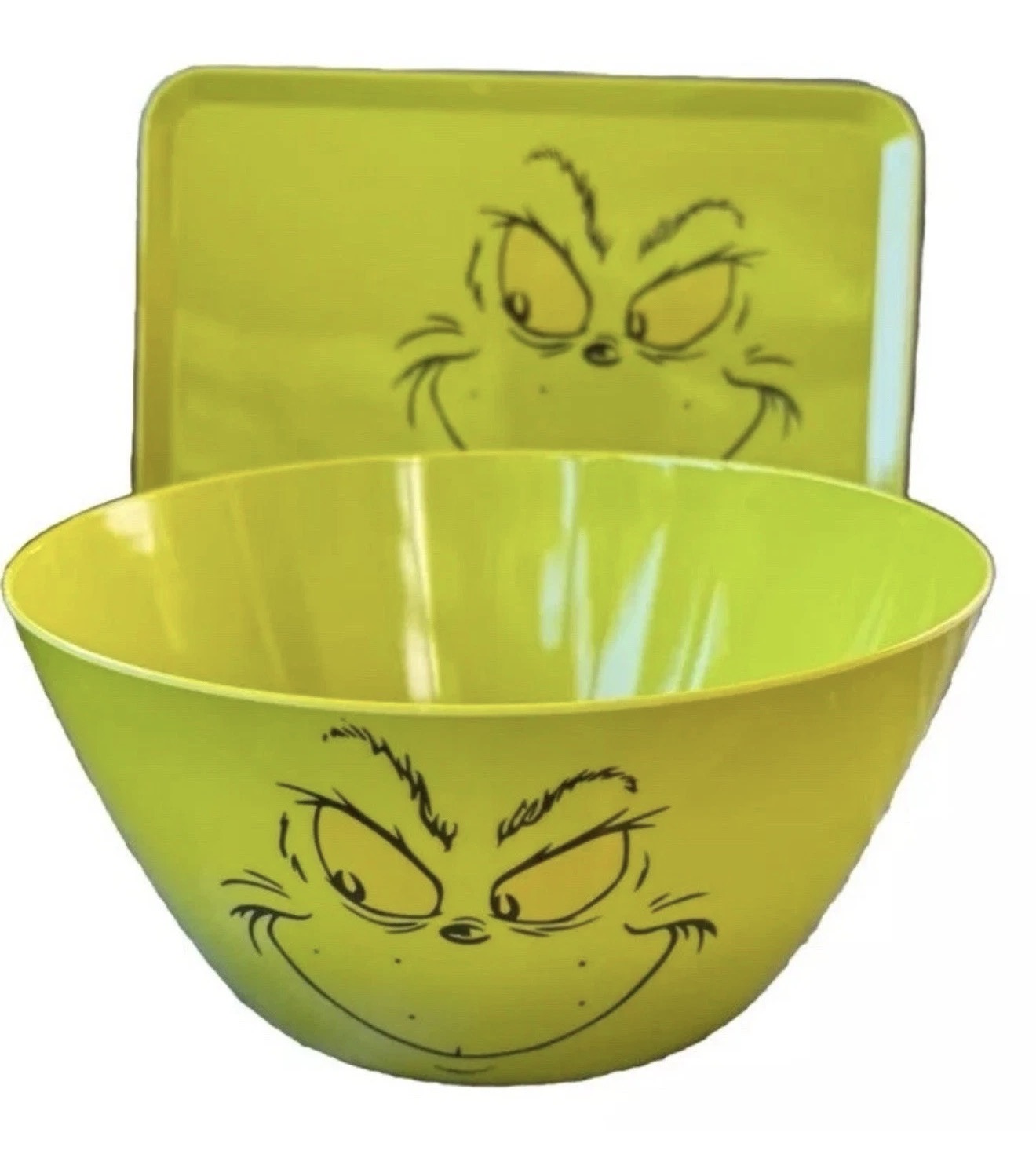 Christmas Holiday Green Grinch Face Large Melamine Serving Bowl & Tray New