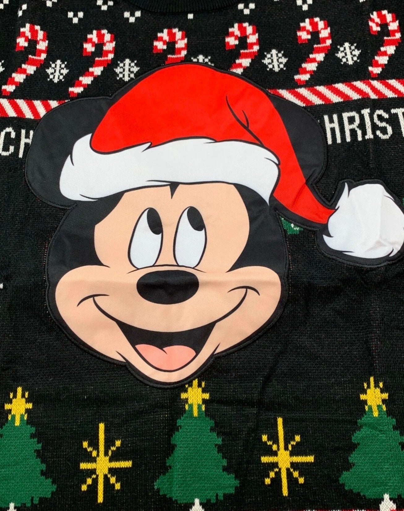 Disney Mickey Mouse Christmas Sweater Mens M Black Soft Stretch Tree Candy Cane