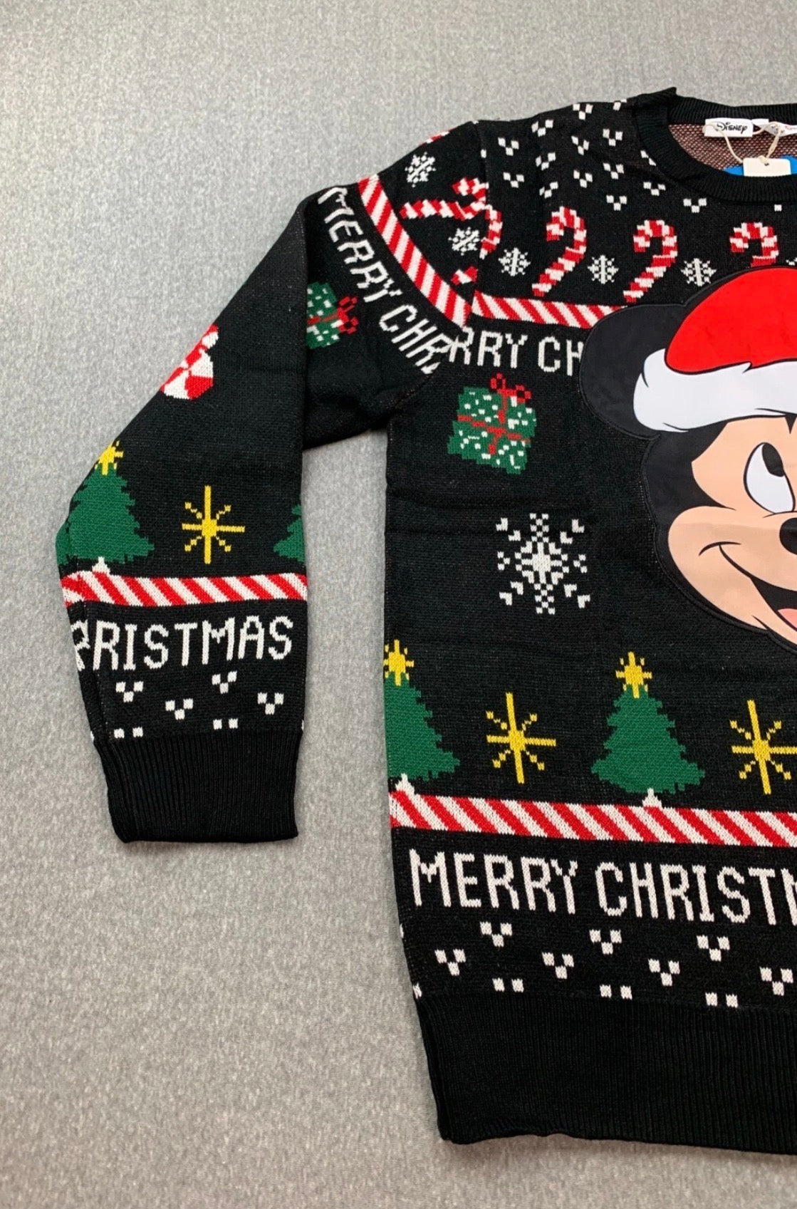Disney Mickey Mouse Christmas Sweater Mens M Black Soft Stretch Tree Candy Cane