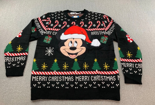 Disney Mickey Mouse Christmas Sweater Mens M Black Soft Stretch Tree Candy Cane