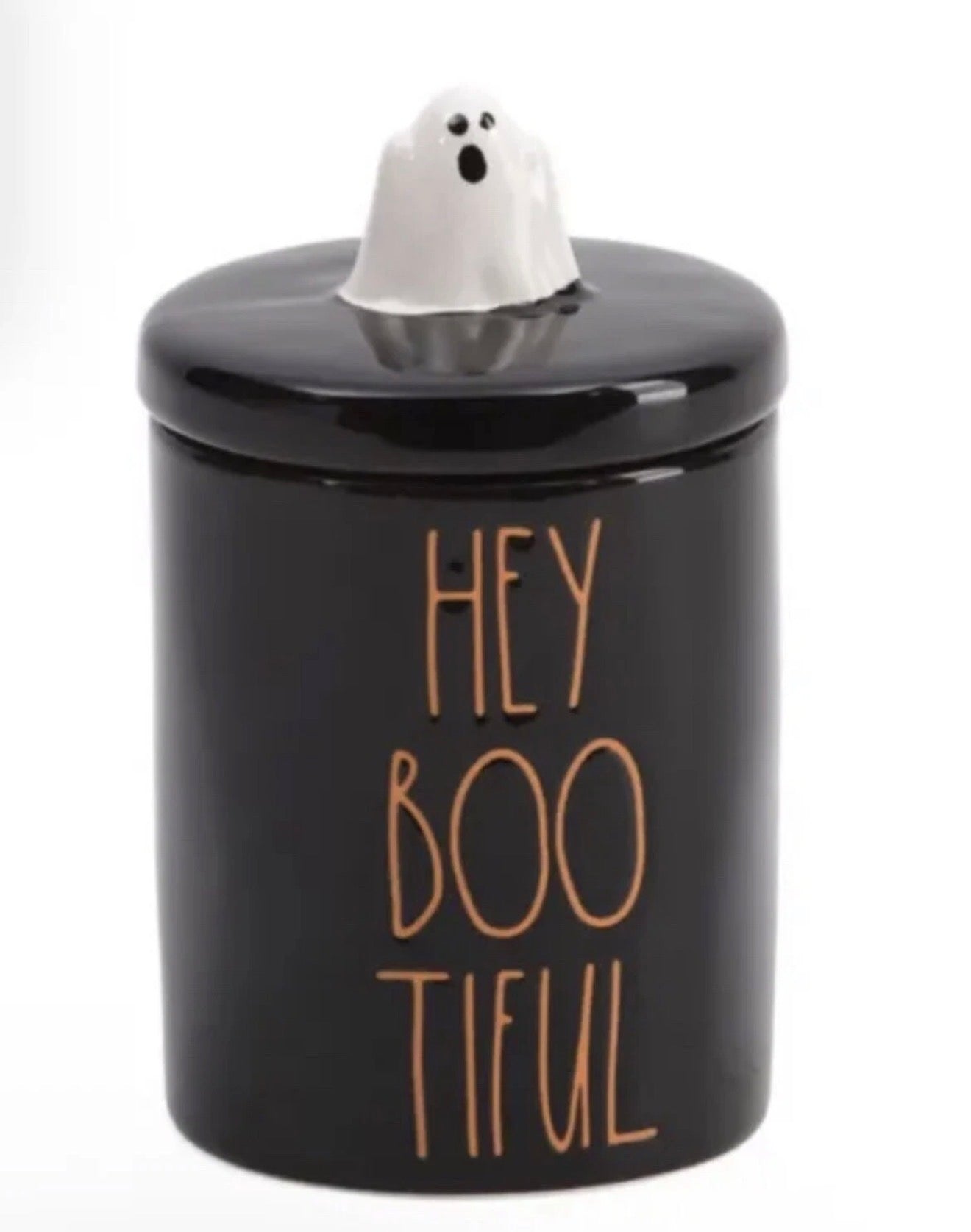 Rae Dunn Fall Halloween Ghost “HEY BOO-TIFUL” Canister Jar with Lid