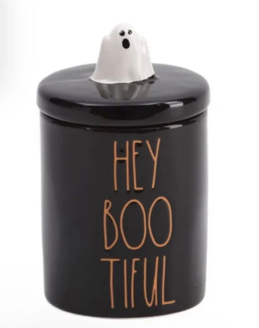 Rae Dunn Fall Halloween Ghost “HEY BOO-TIFUL” Canister Jar with Lid