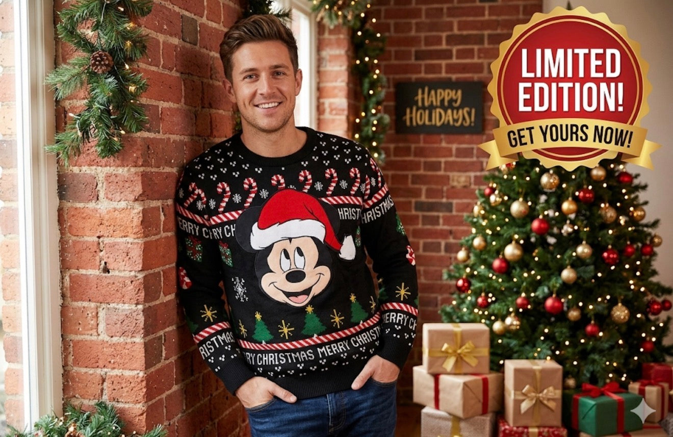 Disney Mickey Mouse Christmas Sweater Mens M Black Soft Stretch Tree Candy Cane