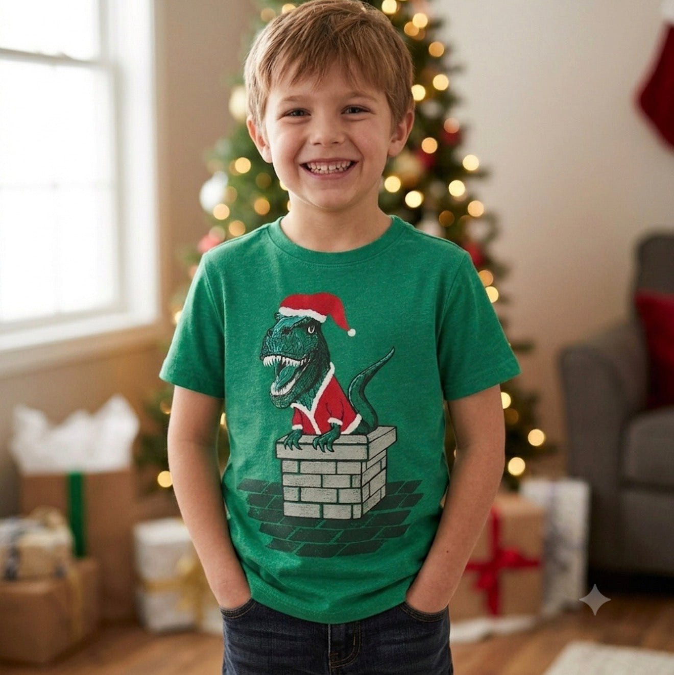 Christmas T-Shirt Boys Size 6/7 Green Dinosaur Santa