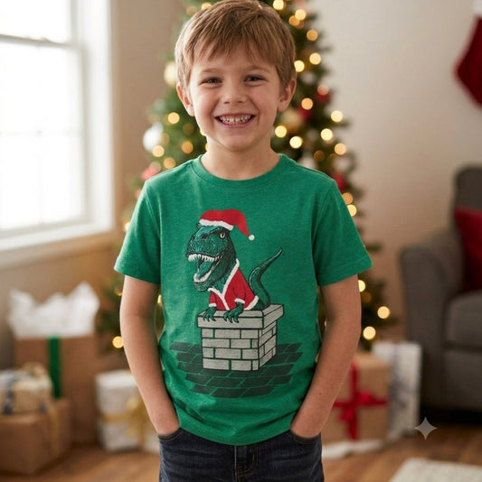 Christmas T-Shirt Boys Size 6/7 Green Dinosaur Santa