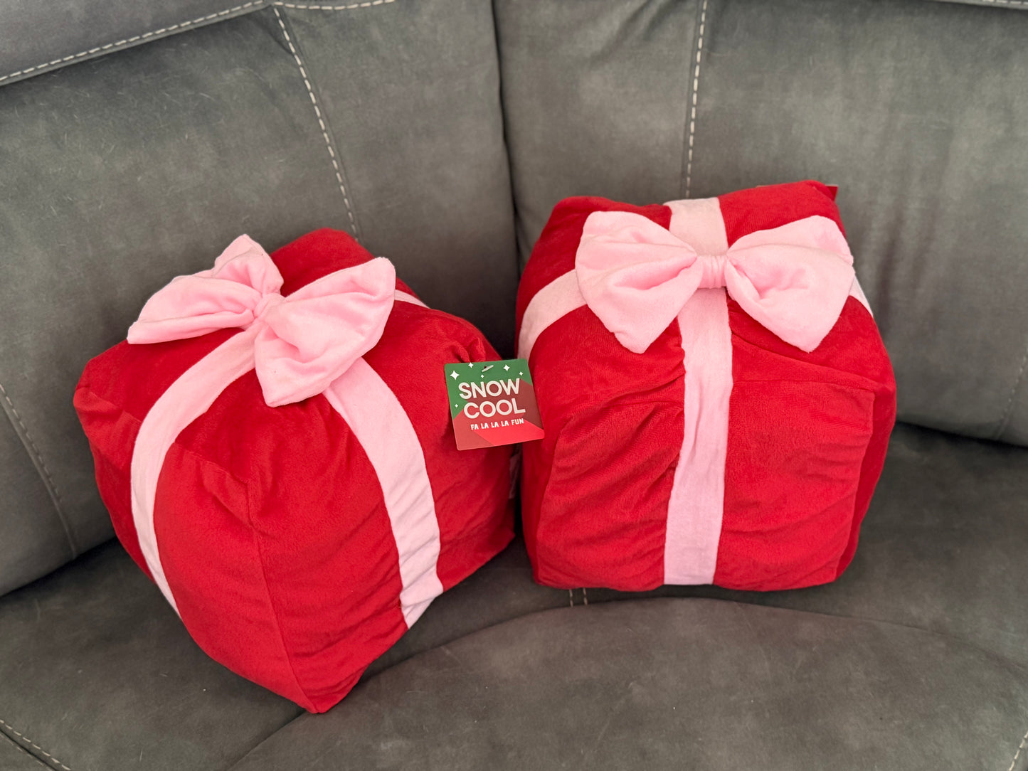 2 Red And White Bow Box Snow Cool Present Pillow Plush 10" X 10” X 10”  Set of 2
