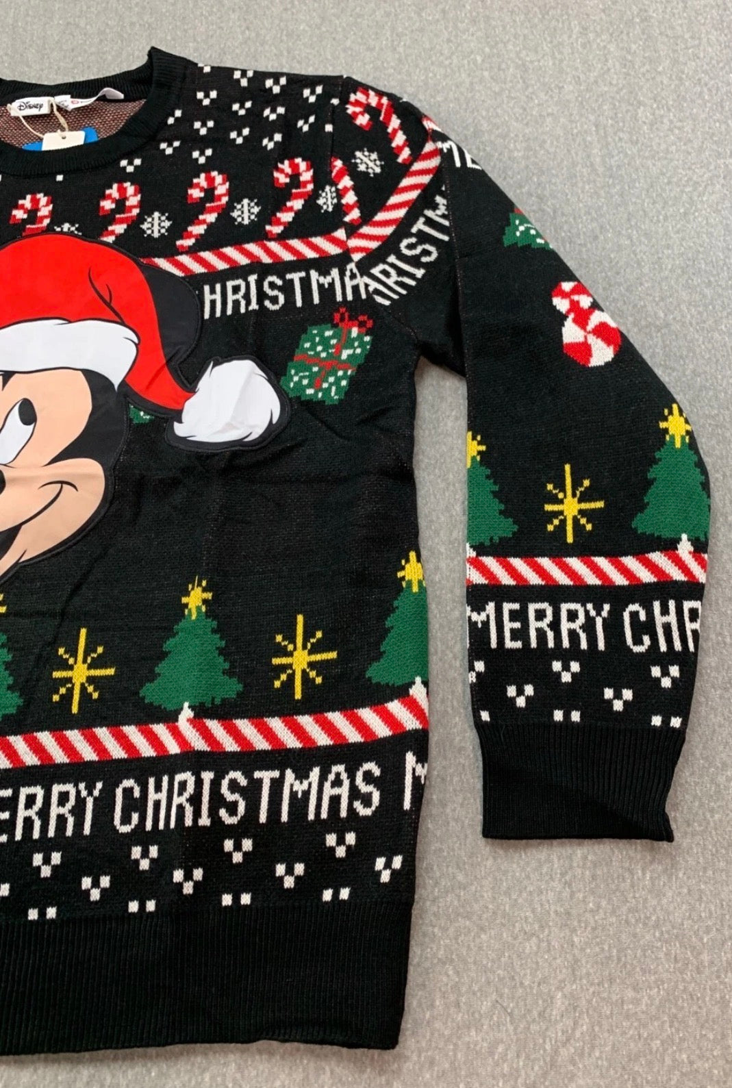 Disney Mickey Mouse Christmas Sweater Mens M Black Soft Stretch Tree Candy Cane