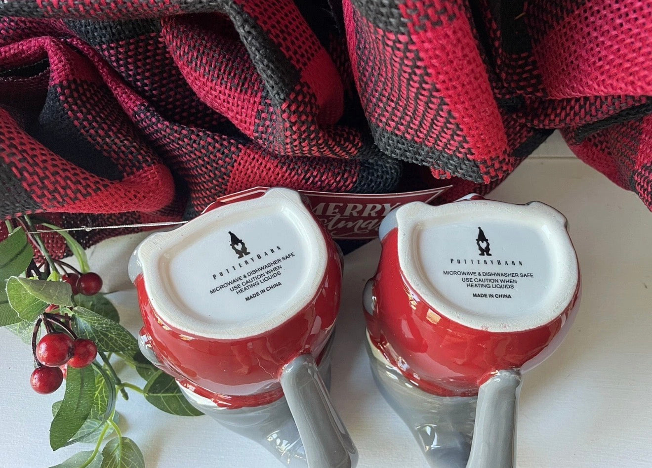 POTTERY BARN GNOME MUGS SET OF 2 NEW